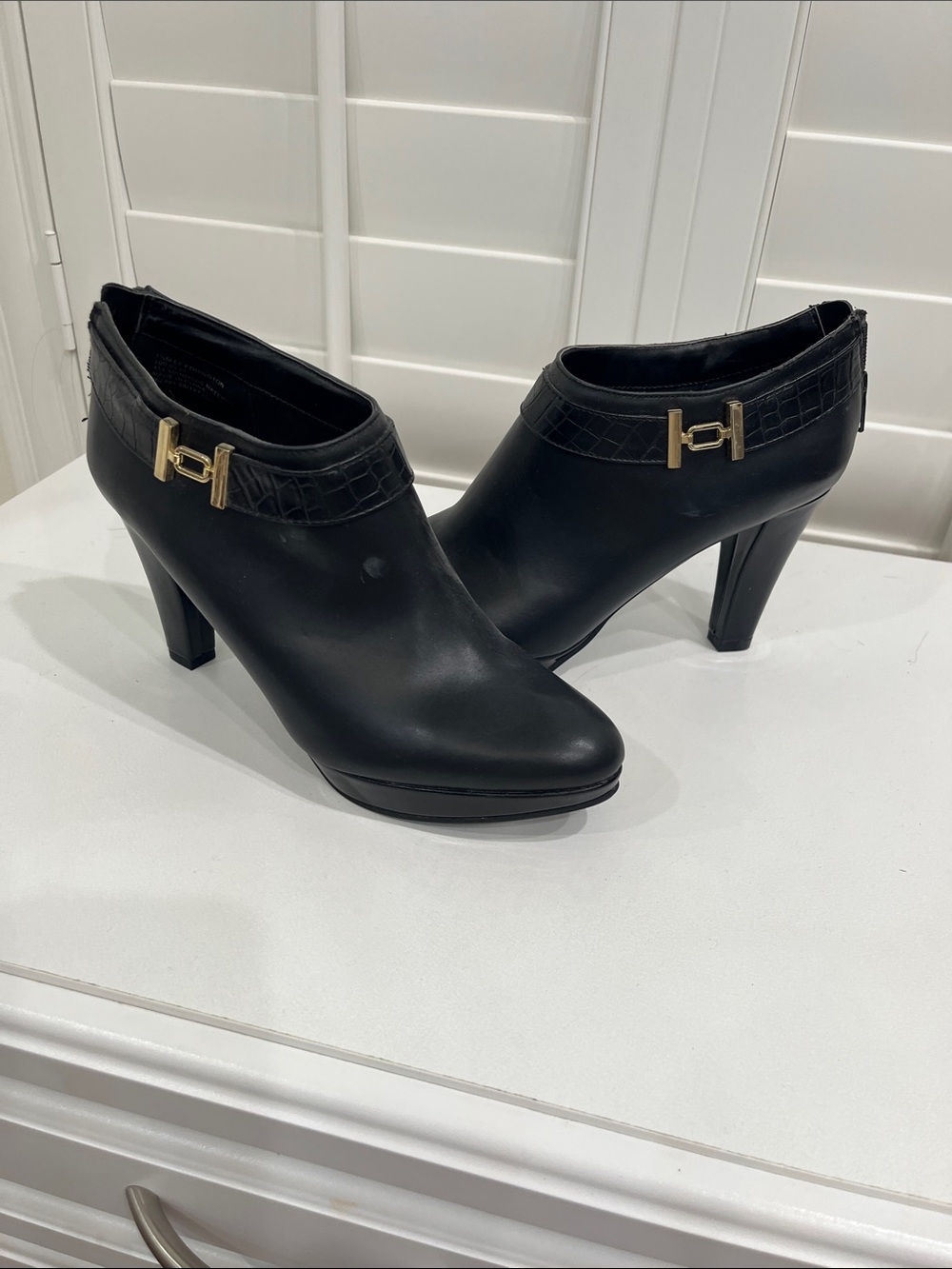East 5th Black Croc-Trim Ankle Booties with Gold Hardware